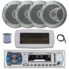 Pyle Bluetooth Marine Receiver, Cover, Antenna,Wire, 4x 6.5" 150W Silver Speaker