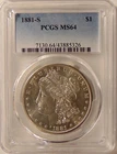 1881-S Morgan Silver Dollar - PCGS MS64 - Very Pretty Choice BU Coin