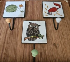 Lot Of 3 Urban Outfitters Tile Wall Hook Owl Fox Hedgehog Vtg Metal Ceramic Rare