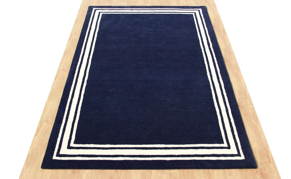 Hotel Harper Border Navy Blue Modern Hand-Tufted 100% Wool Soft Area Rug Carpet - Image 2 of 4
