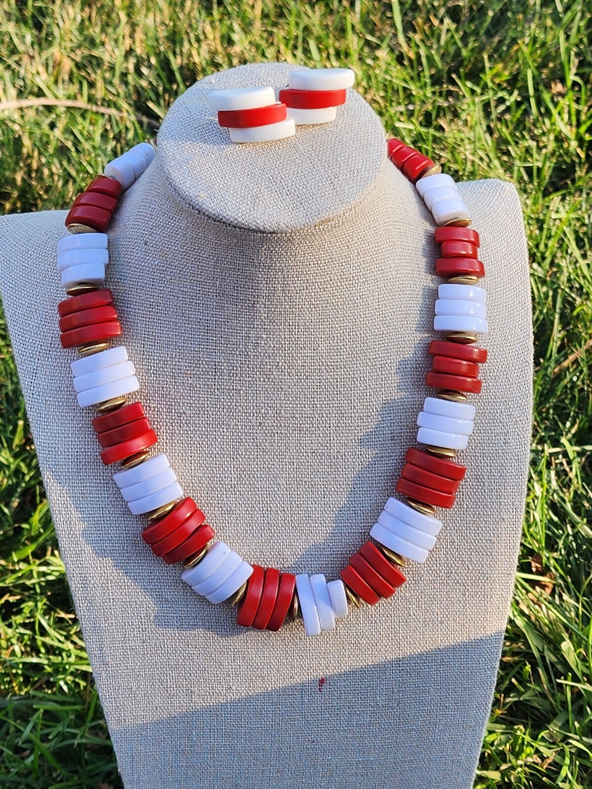 Vintage Set WHITE & RED Rectangular Shape Tile Ne… - image 1