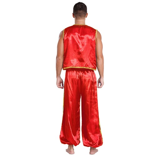 Men's Arabian Costume Prince Cosplay 2 Piece Outfits Open Front Satin Vest Pants - Picture 5 of 33