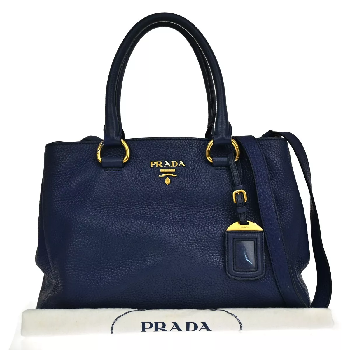 PRADA MILANO Logo 2Way Shoulder Bag Leather Blue Gold Made In Italy 73GA168