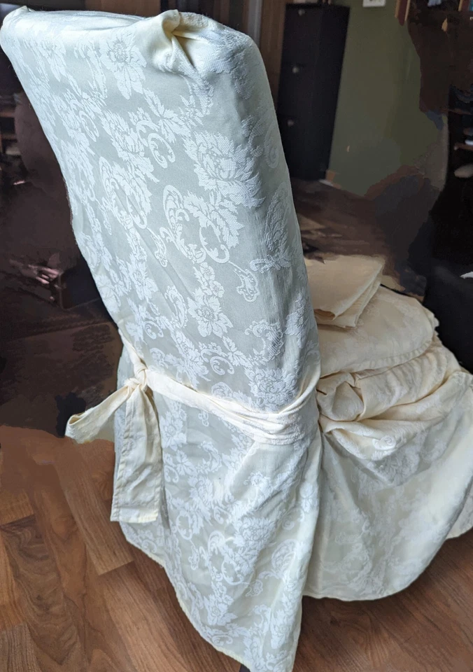 Дамаск желтый белый галстук назад стул чехол комплект (4) + (3) салфетки и дорожка для стола - Изображение 2 из 2