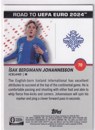 Topps 2023 Camino A La Euro Pristine No. 78 Isak Bergmann Johannesson - Imagen 2 de 2