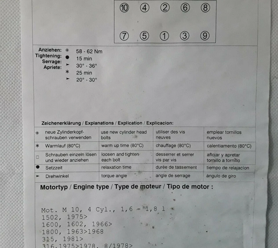 Junta de culata BMW M10 1600-2 1602 1802 NK 1800 e21 315,316 a 78 Foto 3 de 3