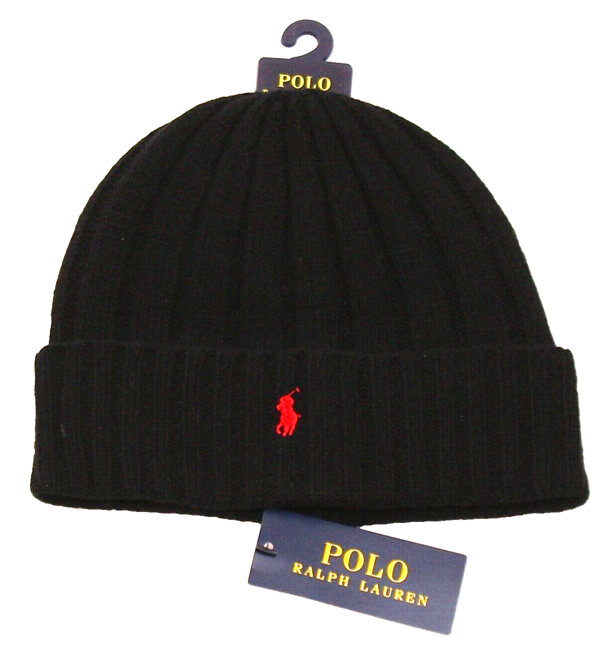 Polo Ralph Lauren adulto taglia unica nero misto lana polsino berretto rosso polo pony