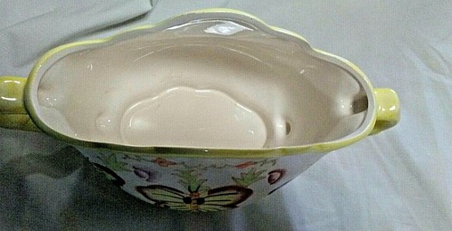Double Handle Flower Vase 6" H X 10" L Multi-Color Butterly Design Yellow Trim - Picture 7 of 10