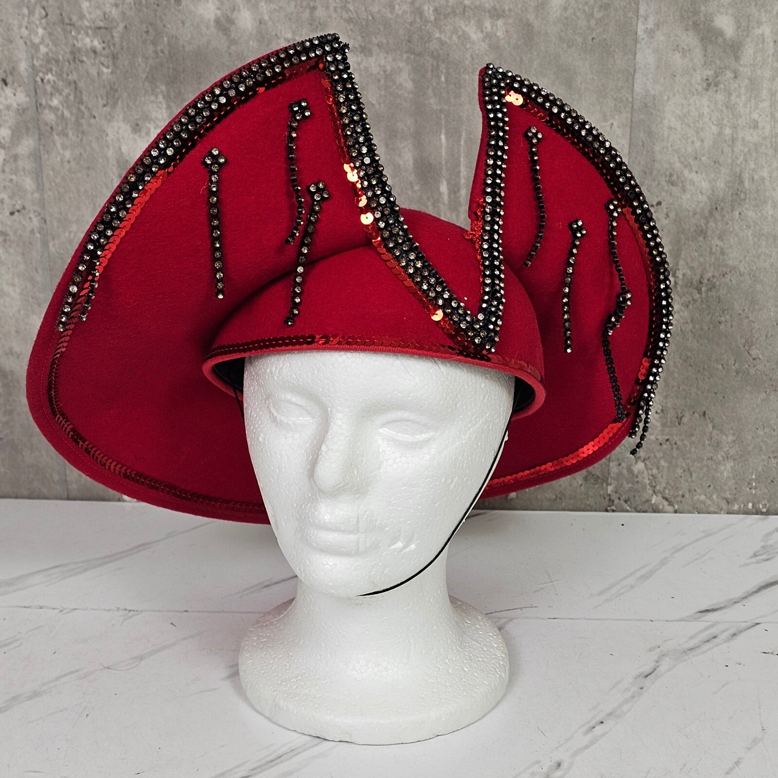 Red Statement Felt Hat Rhinestone Embellished Uni… - image 1