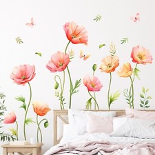 Large Pink Floral Wall Decals Poppy Flower Butterfly Wall Stickers Peel and S...