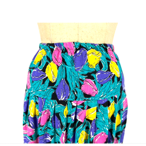 VTG 80s Tulip Floral Elastic Waist Skirt 10 - Picture 2 of 5