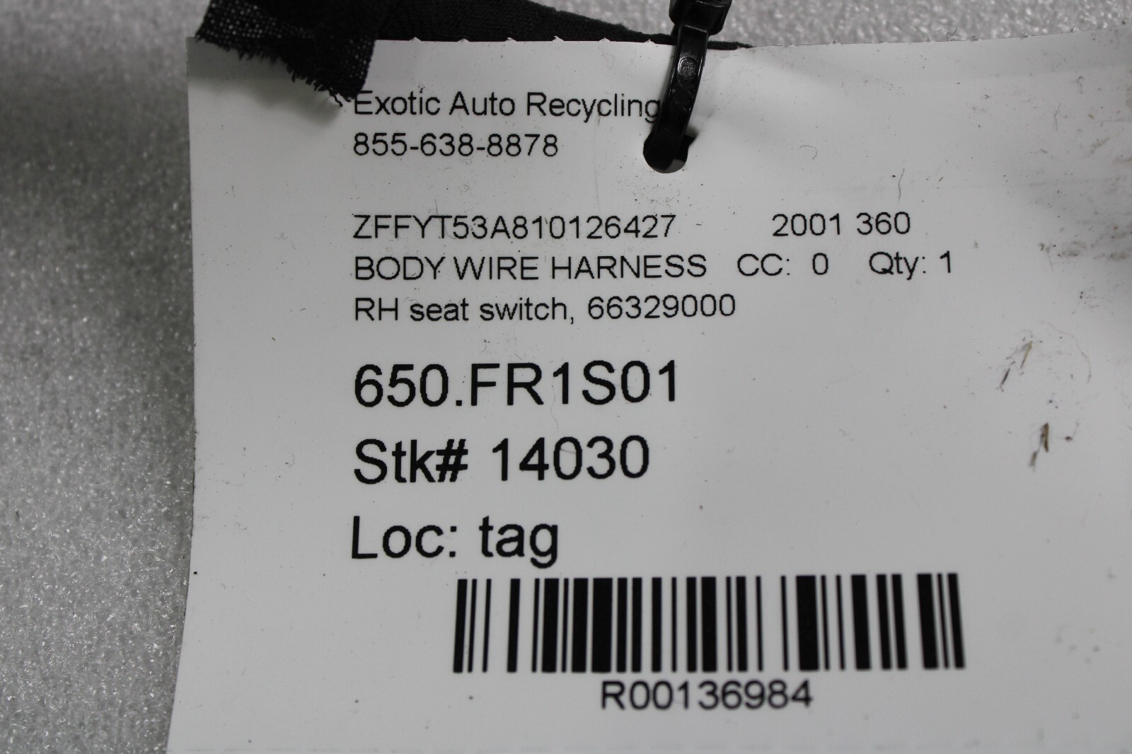 Ferrari 360, F430, RH, Right, Seat Switch Wire Harness, Used, P/N 66329000