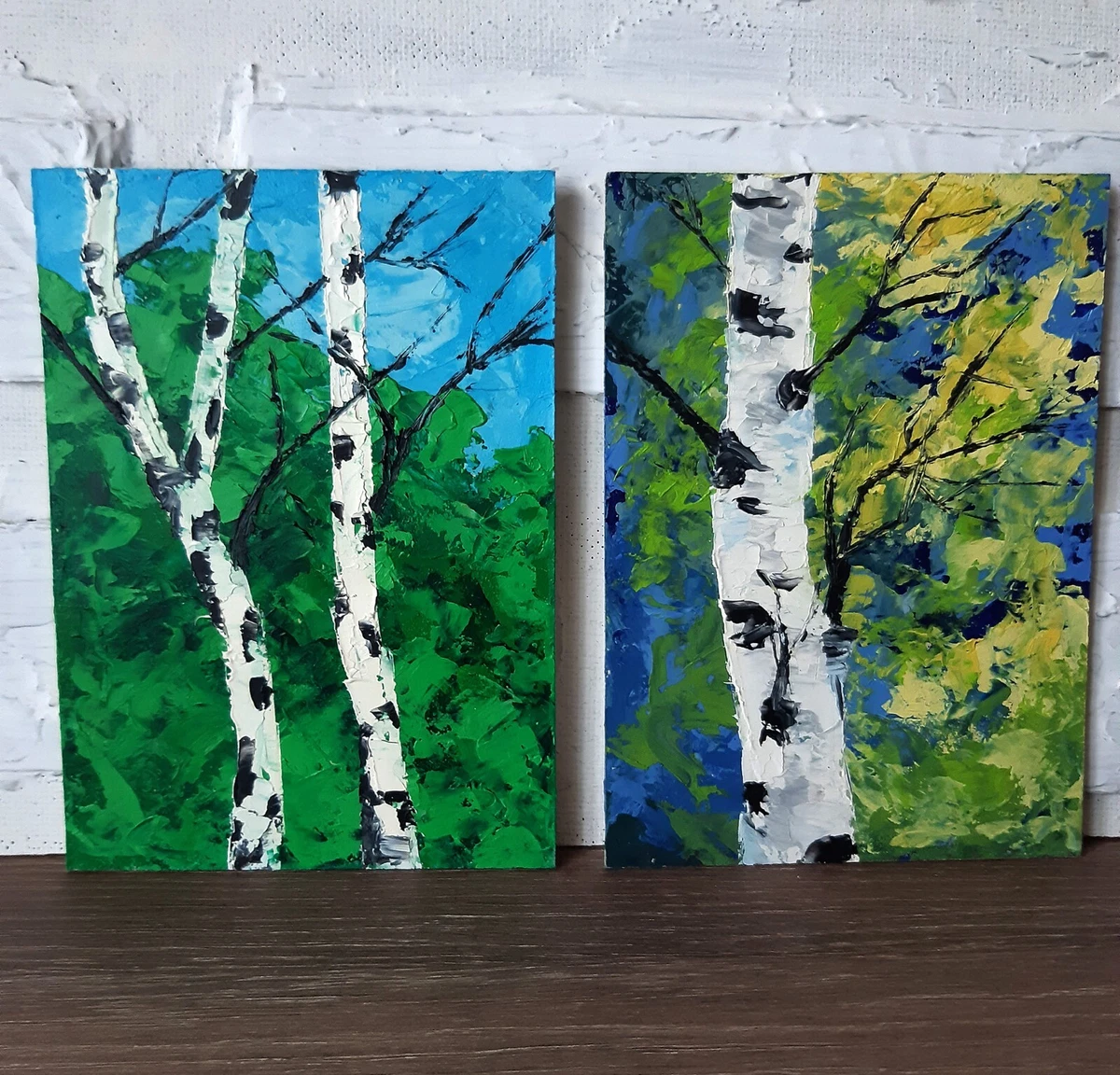Birch Tree Original Painting Set 2 Art Impasto Painting 7 by 5
