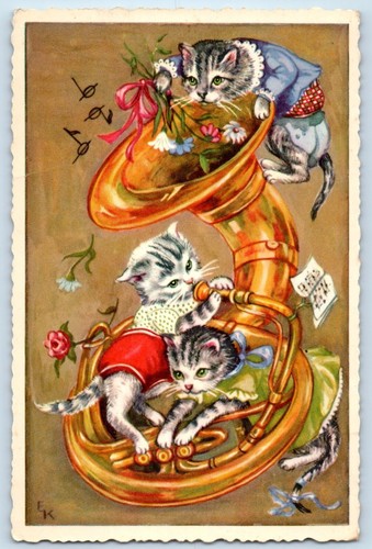 Anthropomorphe Katzen spielen Tuba mit Blumen nicht verschickt Vintage Postkarte
