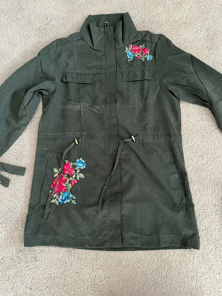 AVON Womens Coveted Floral Embroidery Military Utility Jacket Khaki Green UK 6/8 - Image 2 of 4