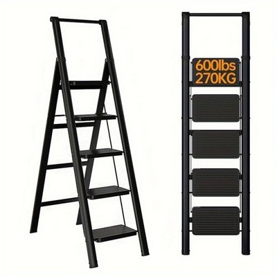 5-Step Folding Steel Ladder, Anti-Slip Wide Pedals Portable for Household Use