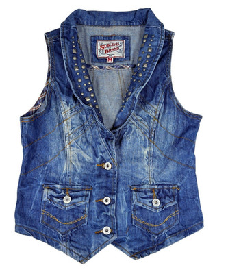 Studded Denim Waistcoat Gilet Blue Indie Biker McBling Festival Vest M Vintage
