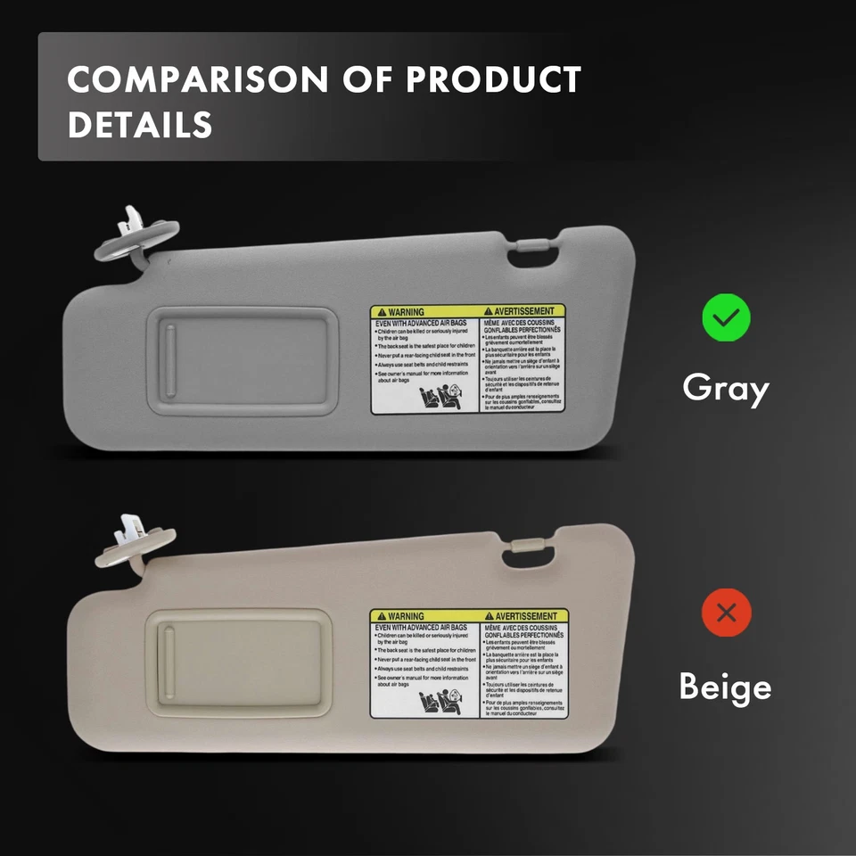 Parasol gris del lado del conductor con extensor y espejo retrovisor para Toyota Highlander 2008-2013 Foto 2 de 4