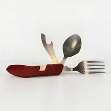 4-In-1 Outdoor Tableware Fork Spoon Knife Bottle Opener Camping Red Multi Tool