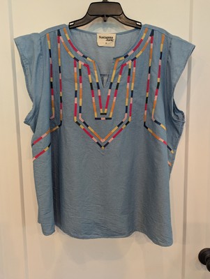 Savanna Jane 2X Blue Tencel Multicolor Embroidery V-Neck Cap Sleeve Tunic Preppy