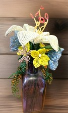 Vintage Handmade French Seed Bead Flower Bouquet White Lily Blue Yellow Purple