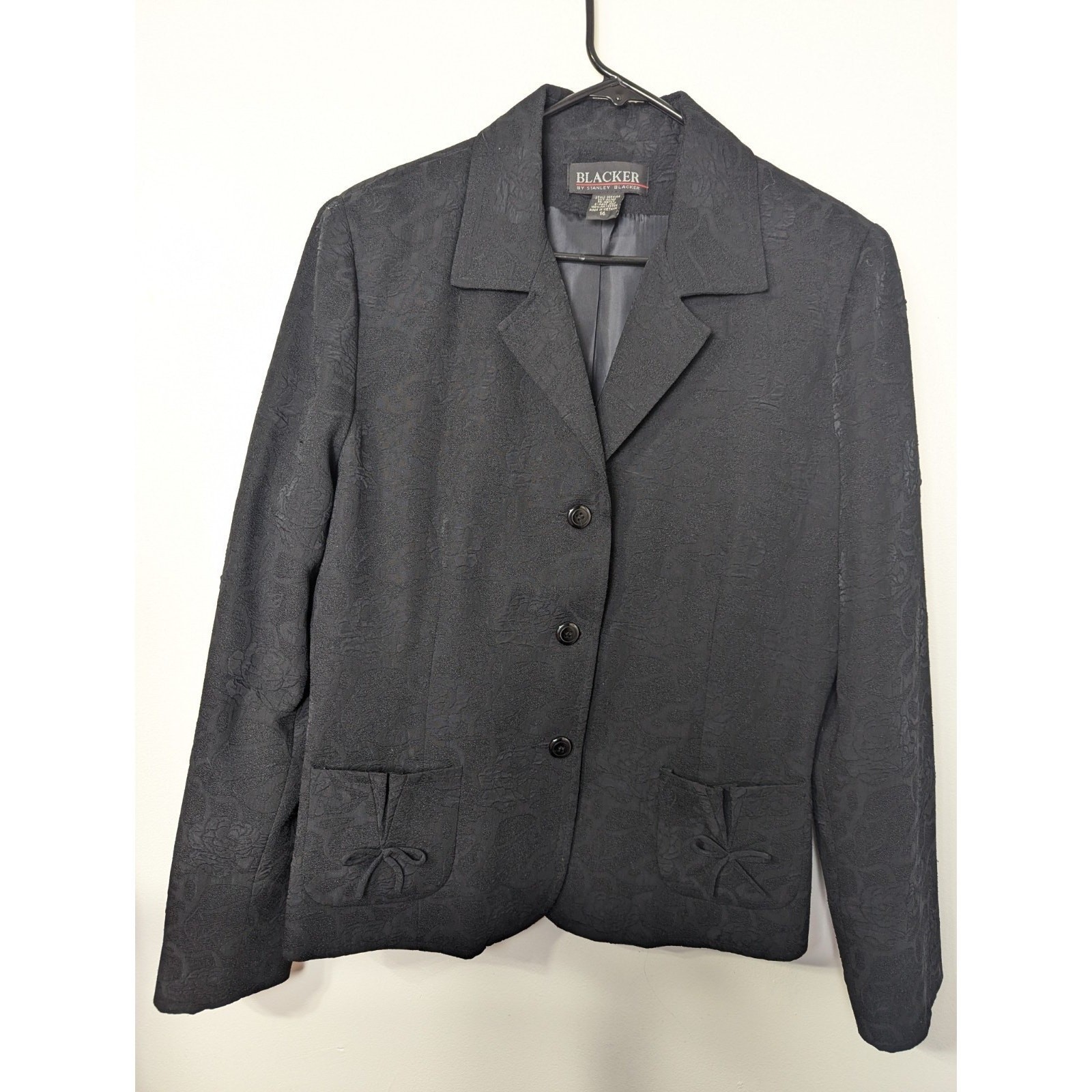 Blacker by Stanley Blacker Blazer Womens Size 14 Black Textured Jacket Buttons