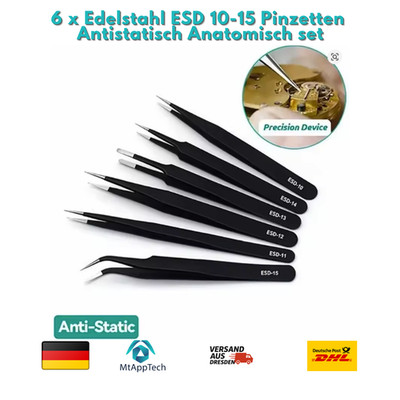6 x Edelstahl ESD 10-15 Pinzetten Antistatisch Anatomisch set