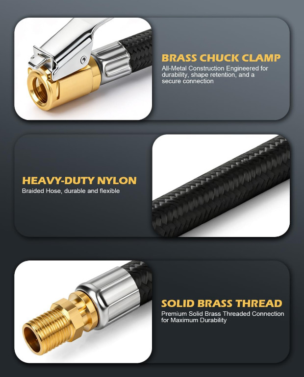 Upgraded 12" Tire Inflator Hose Adapter with Brass Locking Quick Chuck, High Pre