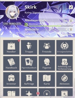 Genshin Impact Account AR 56 EU Skirk C3 Azurglanz R1