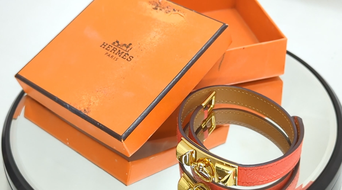 HERMES Rival Double Tour Leather Gold Red Bracelet Bangle Women's