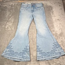 Wrangler Jeans Womens 30x32 Blue High Rise Flare Bell Bottom Aztec Embroidered