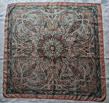 SCARF VINTAGE AUTHENTIC PAISLEY ART BROWN BLUE CHIFFON SILK 40" SQUARE