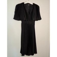 Express Black Pleated V-Neck Midi Dress Smocked Waist Flutter Sleeve XS