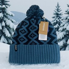  49 PATAGONIA POWDER TOWN BEANIE POM HAT IN PERENNIAL PINECONE WAVY BLUE NEW