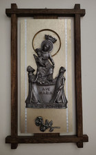 Placca religiosa in rilievo Madonna di Pompei cornice in legno18x32 cm esterno