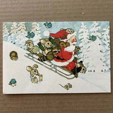 Vintage Plus Mark Christmas Card Santa And Woodland Creatures Sledding