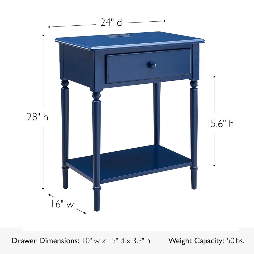 Mesita de Noche Costera con Estación de Carga Rápida USB-C, Madera Maciza, Azul Marino Si... Foto 2 de 4