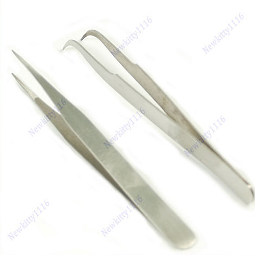 2 x Nail Art Stainless Steel Curved Straight Tweezers