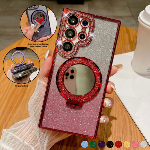 Bling Diamond Mag Safe Ring Stand Case Mirror For Samsung S24 Ultra S23 S22 Plus - Picture 11 of 22