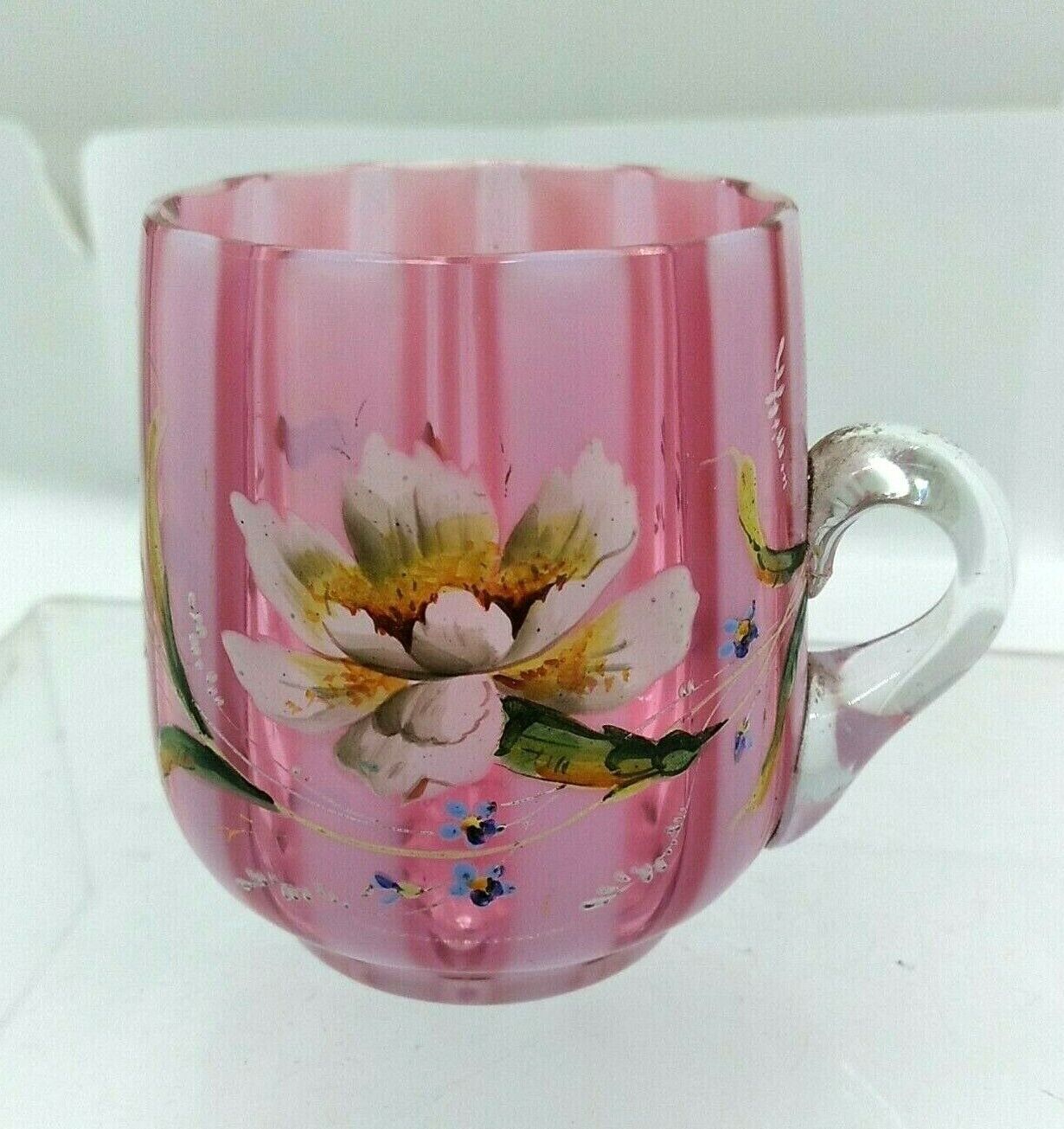 Antique Cranberry White Ribbed Optic Opalescent Striped Cup Painted Floral Blown Nowa krajowa