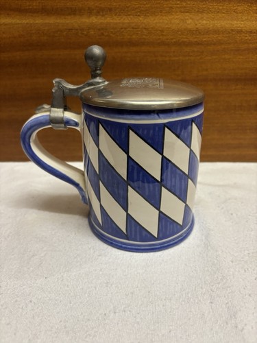 Vogt Keramik Bierkrug Bayern Zinndeckel Blau Weiß - Bild 2 von 5