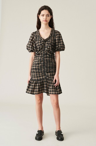 Ganni Check Seersucker Mini Dress in 