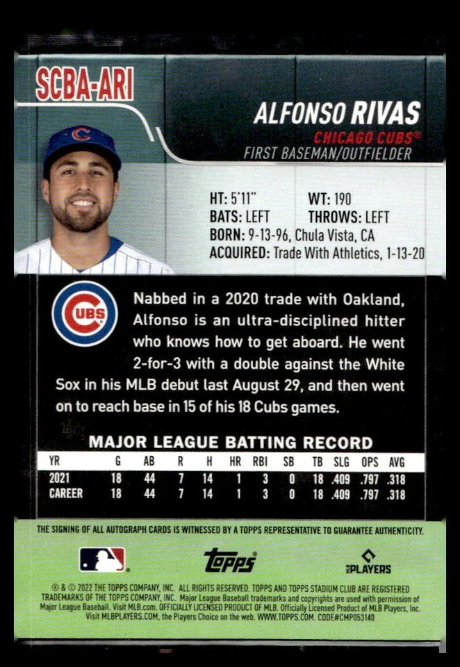 2022 Topps Stadium Club Rookie Auto #SCBA-ARI Alfonso Rivas - Image 2 of 2