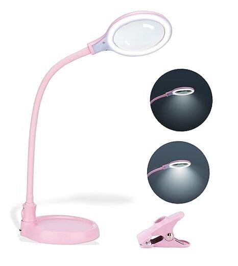 5X Pink Magnifying Lamp with Light & Stand - Hands-Free Illuminated Glass  