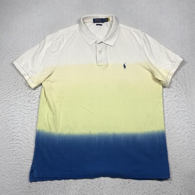 Polo Ralph Lauren Classic Fit Polo Shirt Mens Large White Yellow Blue Fade  Pony