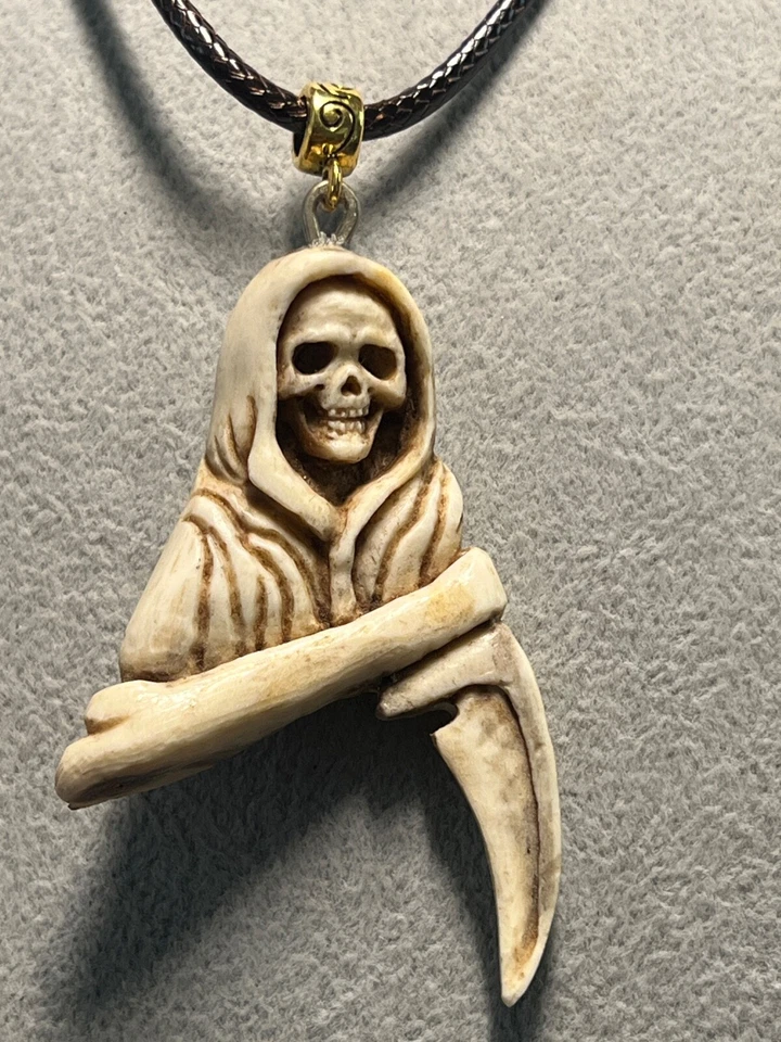 Angel of Death Santa Muerte Grim Reaper Pendant Necklace Mexican Deer Antler (H) - Image 2 of 4