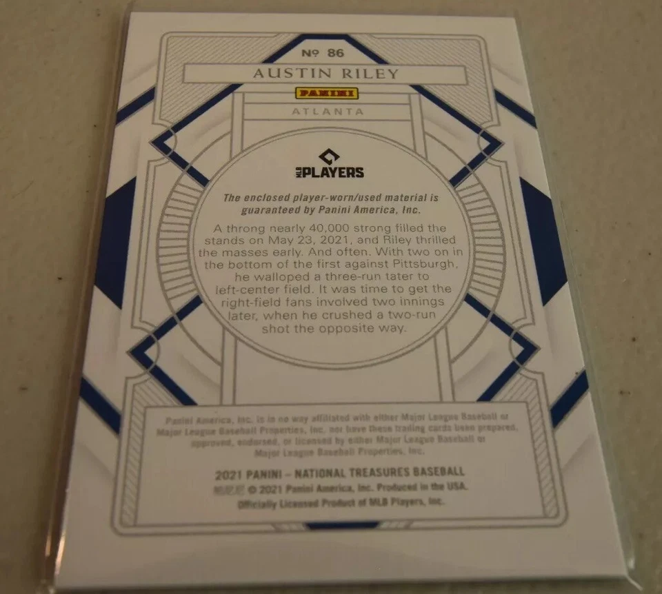 2021 National Treasures Austin Riley Jersey Relic #/99 Braves - Image 2 of 2