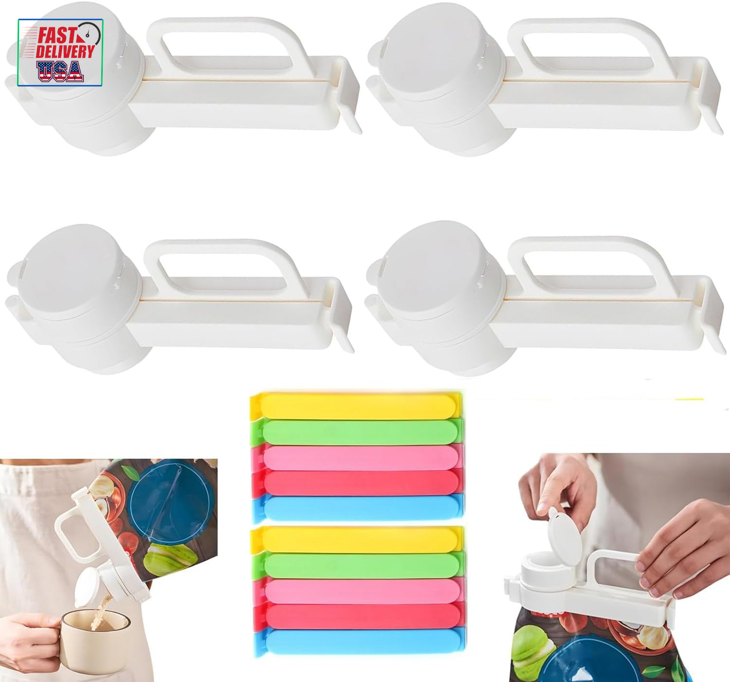 4 Pack Bag Clips with Pour Spout + 10 PCS Food Bag Clips, Sealing Bag Clips for