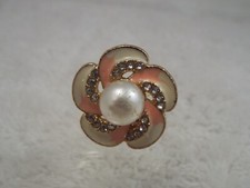 Goldtone Bead Rhinestone White Pink Flower Adjustable Ring  Size 7-8 D18 