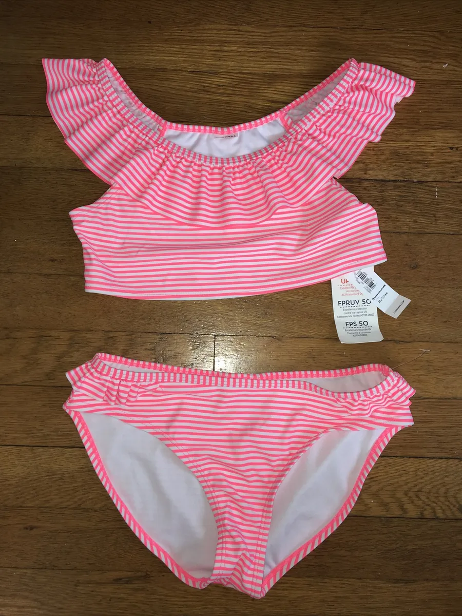 * old navy coral pink white stripe ruffle bikini two piece swim bathing  suit 14